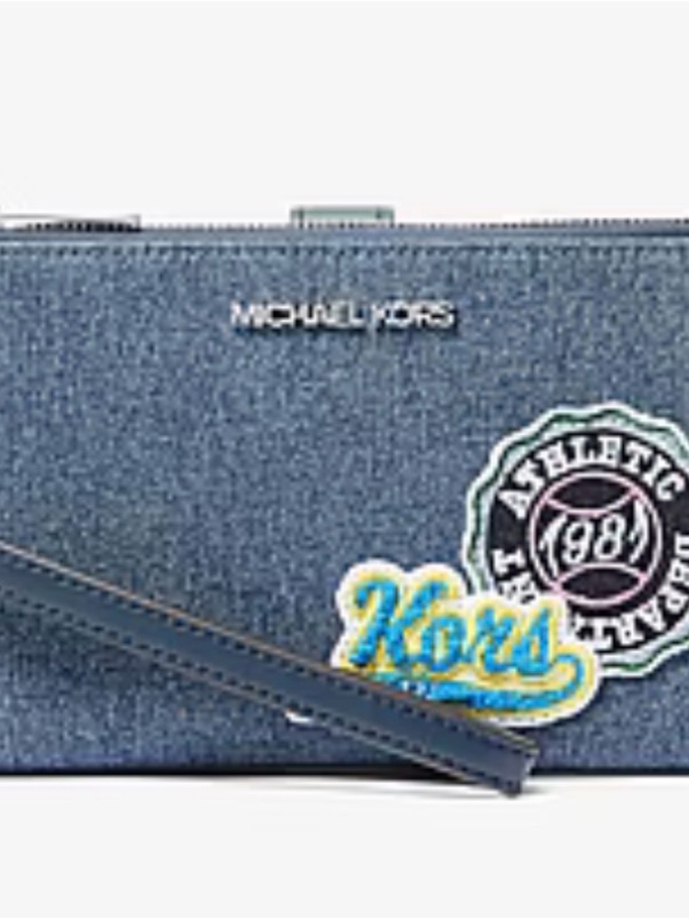 Michael Kors Denim Patch Wristlet in Blue with Yellow & White Accents